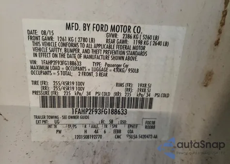 2015 Ford Taurus Limited из США, поврежденный, VIN 1FAHP2F93FG188633